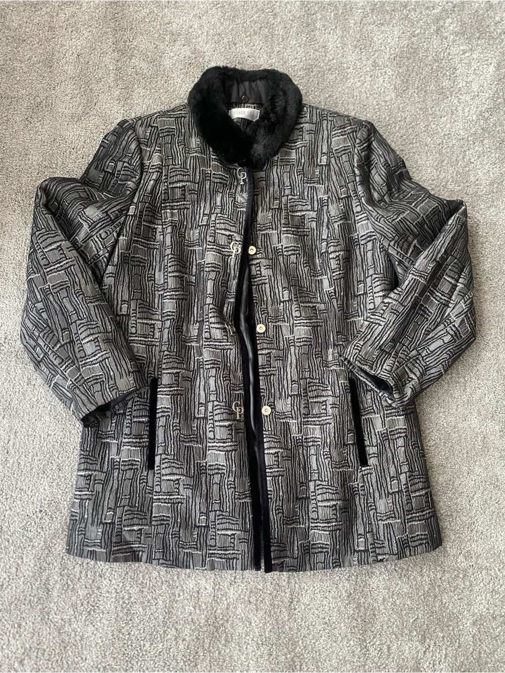 Silver Jeans Black & Gray Textured Pea Coat with Faux Fur Collar